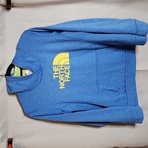 The North Face Heather Blue Yellow Logo Print Track Pullover Hoodie Ladies Sz Lg
